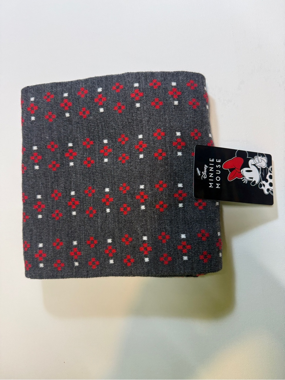 Disney Gray Knit Scarf with Red and White Dot Motif